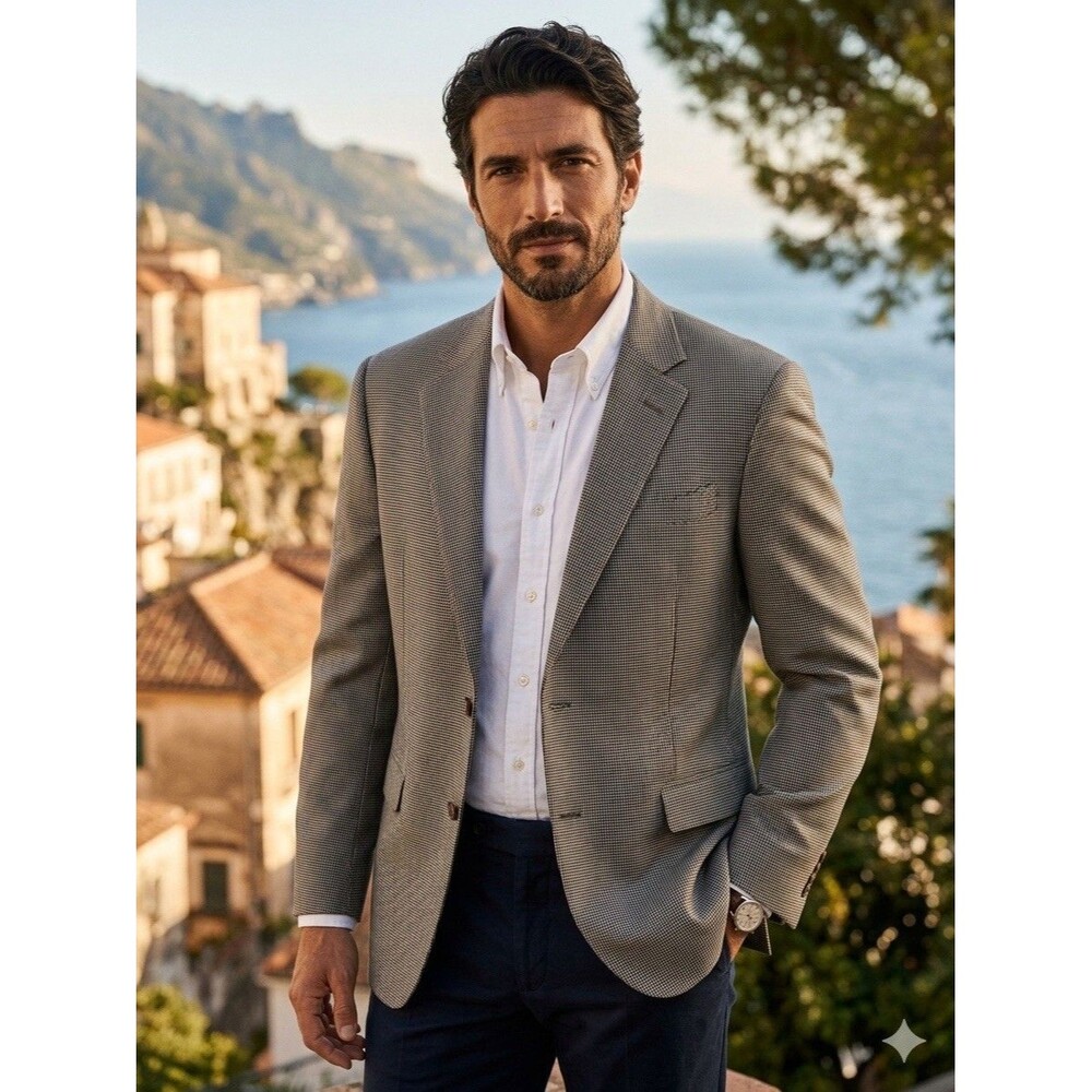 Armani Collezioni Italy Blazer Mens 42R Brown Wool Silk Tweed Check Sport Coat